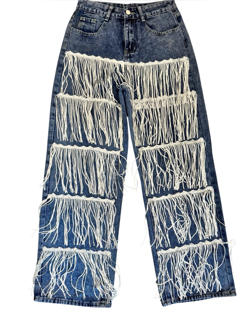 Blue Denim Fringe Wide-Leg Jeans